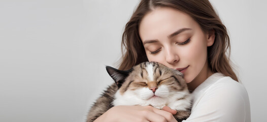 Portrait of woman with closed eyes hugging cat. Concept cats allergy or loving pets