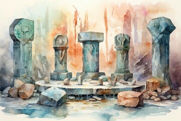 Fototapeta premium Mystic rune carvers, etching ancient symbols into stones with magical precision - Generative AI