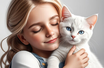 Portrait of cartoon illustrated girl with closed eyes hugging cat. Concept cats allergy or loving pets