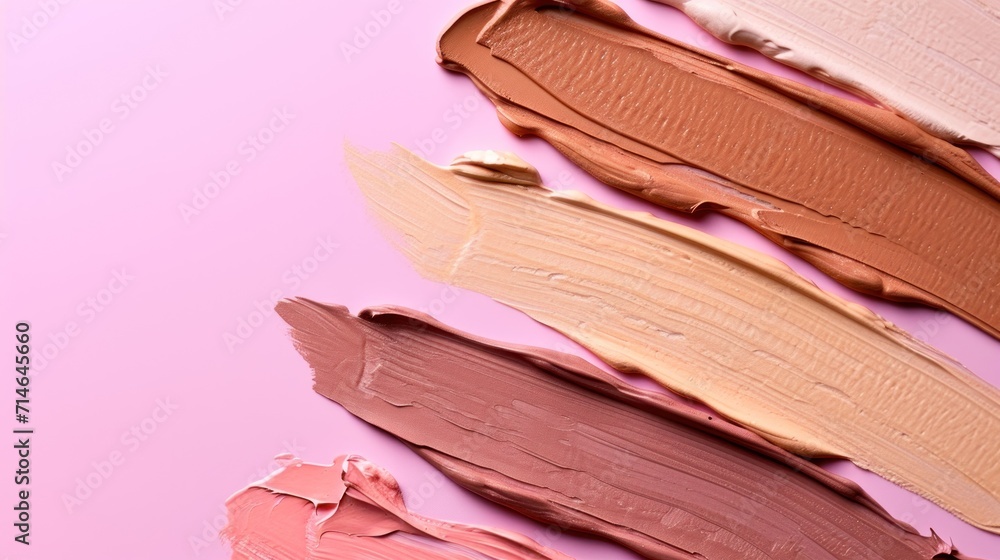 Poster a group of different shades of lipstick on a pink background with a brush in the middle of each of t