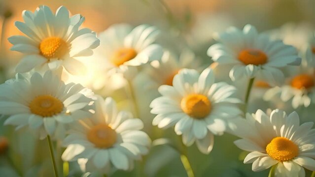Daisy flowers with sparkling lights. Spring background. Colorful flower meadow with sunbeams and bokeh lights in summer,nature background banner with copy space. Summer greeting card bokeh lights