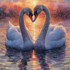 Swan Lake Romance: Heart-Shaped Swan Couple at Sunset
