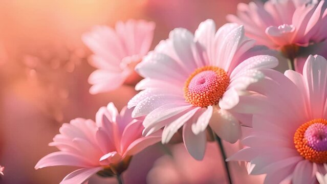Daisy flower against yellow pink background. Hello spring. Abstract bright spring or summer landscape texture with natural gold yellow bokeh lights and sun. Backdrop illustration with copy space. 