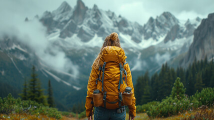  a woman in a yellow jacket and blue jeans with a yellow backpack is standing on a path in front of a mountain range with snow - capped peaks in the distance.