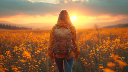 Fototapeta premium a woman with a backpack walks through a field of wildflowers as the sun sets over the mountains in the distance in the distance is a cloudless sky.