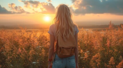  the back of a woman's head as she walks through a field of wildflowers with the sun setting in the distance behind her and a cloudy sky.