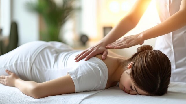 Professional manual therapist treats a girl lying on a massage bed. A Modern rehabilitation physiotherapy.