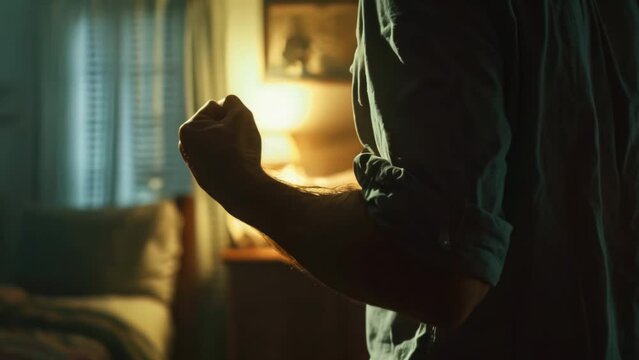 Evil man clenches his fist wants to hit. Home abuse concept. Male violence. Domestic problem. Dark room. Angry annoyed guy solve conflict. Couple divorce scandal. Furious aggression. Woman harassment.