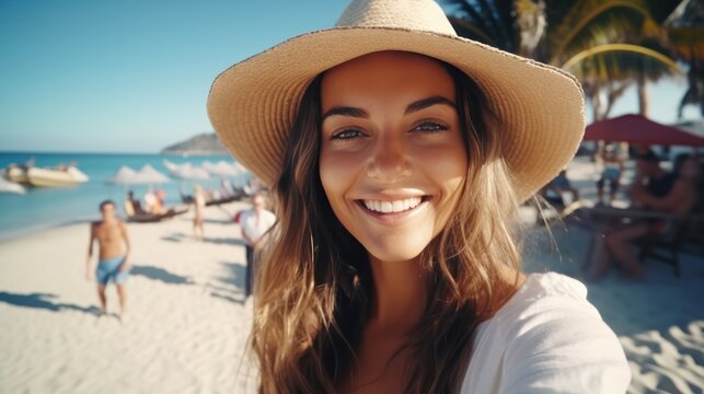 closeup shot of a good looking female tourist. Enjoy free time outdoors near the sea on the beach. Looking at the camera while relaxing on a clear day Poses for travel selfies smiling happy tropical