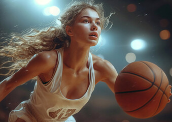 Young beautiful college female basketball player on game on large arena.Macro.AI Generative.