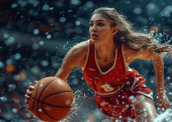 Young beautiful female basketball player in action on basketball game on large crowded  arena.Macro.AI Generative.