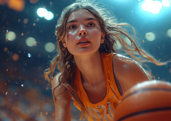 Young beautiful college female basketball player on game on large arena.Macro.AI Generative.