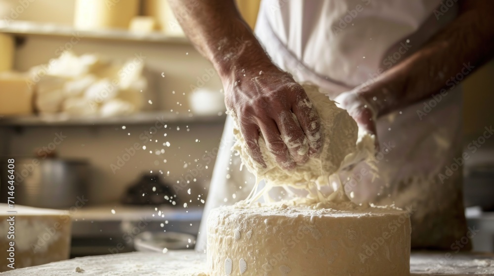 Poster a close up of a person kneading food on top of a cake on a table in a room with other items on the t