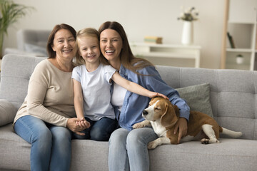 Happy sweet preschool kid girl stroking cute beagle dog on couch, sitting with loving mom and...