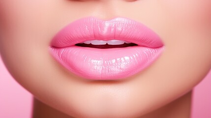 Beauty pink lips make-up. Lipstick and lip gloss. Natural full lips. - obrazy, fototapety, plakaty