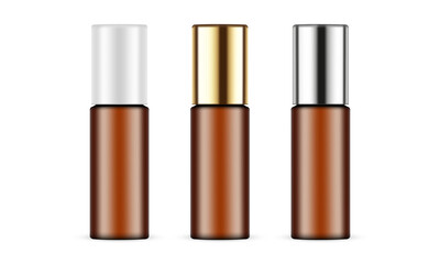 Obraz premium Set Of Amber Biophotonic Cosmetic Bottles, Different Caps, Isolated On White Background. Vector Illustration