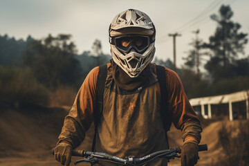 helmeted cyclist covered in mud after an extreme race. generative ai - obrazy, fototapety, plakaty