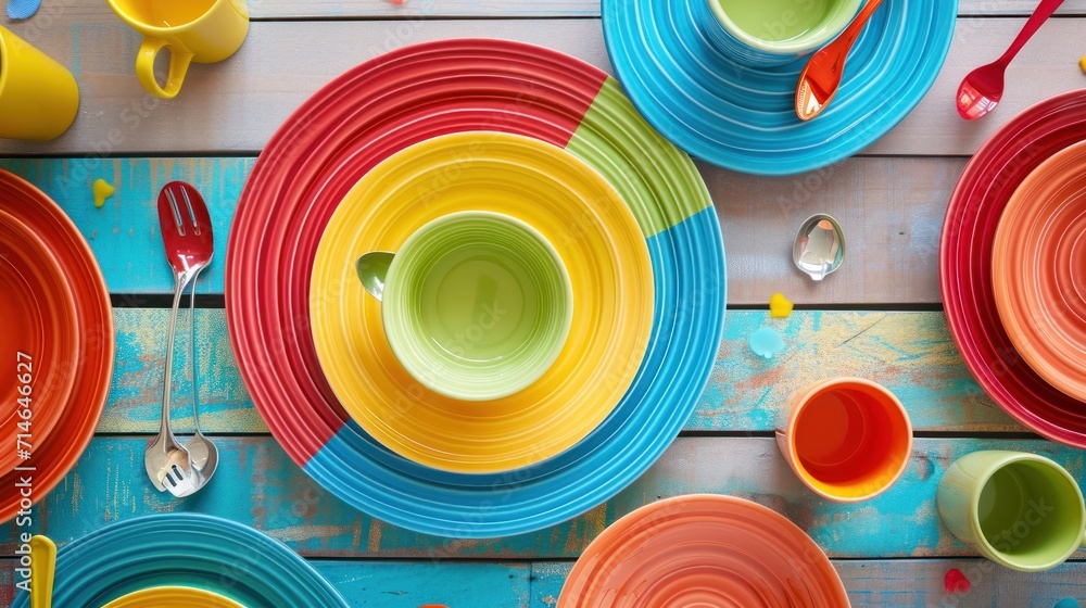 Poster a group of colorful plates and spoons sitting on top of a blue and green tablecloth covered in color