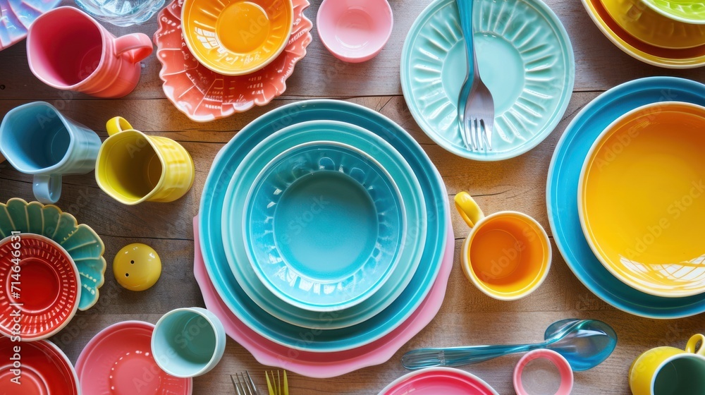 Aufkleber a wooden table topped with lots of different colored plates and bowls and a fork and spoon rest on t