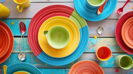  a group of colorful plates and spoons sitting on top of a blue and green tablecloth covered in colorful plates and spoons with spoons next to each other colorful plates and spoons.