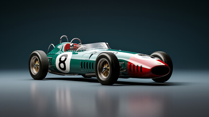 A 3D model of a classic race car with iconic livery. - obrazy, fototapety, plakaty