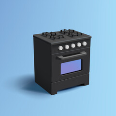 Kitchen gas stove with oven, 3d render detailed vector icon, black home equipment, gas heater, isolated
