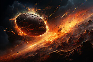 American football flying like a comet with trail of fire and smoke on night sky, black background