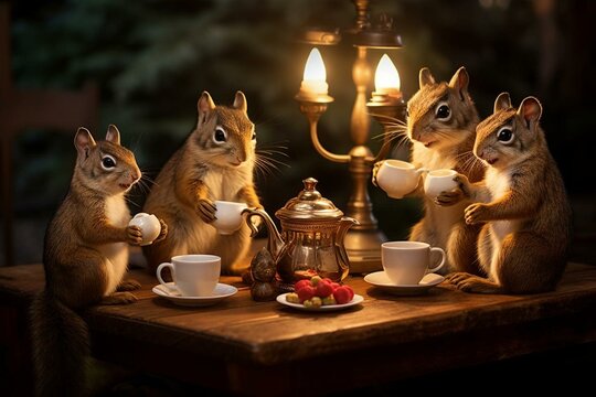 Several chipmunks gathered at a table, enjoying tea and food from a teapot. Generative AI