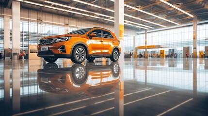 cinematic high quality and high detailed shot of a empty car showroom sunnyday - obrazy, fototapety, plakaty