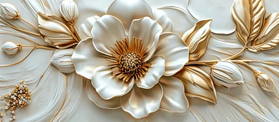 Gordijnen Print 3D ceramic tiles with a beautiful Italian-style golden flower design for wall decor. © 2rogan