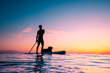 Silhouette of a man paddle boarding at the sea during sunset together with dog. Concept of active...