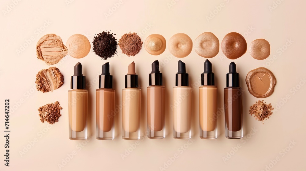 Poster a group of different types of makeup on a white surface with a few different shades of foundation on