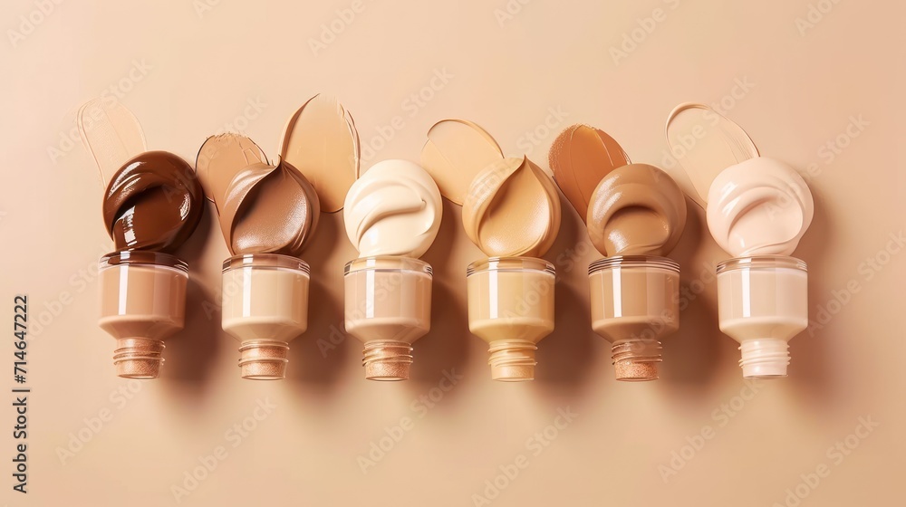 Poster a row of different shades of liquid foundation on a beige background, with the top one in the middle