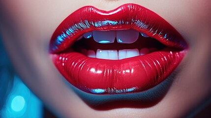 Close-up Beautiful lips. Sensual Open Mouth. lipstick or Lip gloss. Red color of lipstick on large lips. sparkles. Perfect makeup.