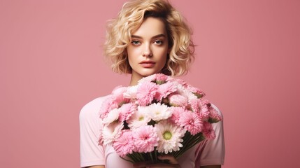 A young woman in pink holds a bouquet of Dahlia flowers. Mother's Day, Happy Women's Day, Easter, Valentine's Day, and Birthday concept