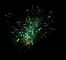 bright gold and green firework in night sky