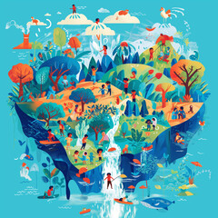A vibrant illustration showcasing diverse communities around the globe coming together to conserve and celebrate water on World Water Day
