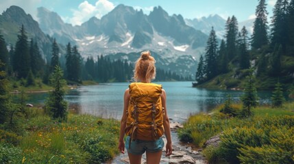  a woman with a yellow backpack is walking on a path near a lake with mountains in the background and wildflowers in the foreground in the foreground. - obrazy, fototapety, plakaty