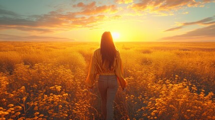  a woman is walking through a field of wildflowers as the sun shines brightly in the sky above her and behind her is a field of tall grass and yellow flowers.