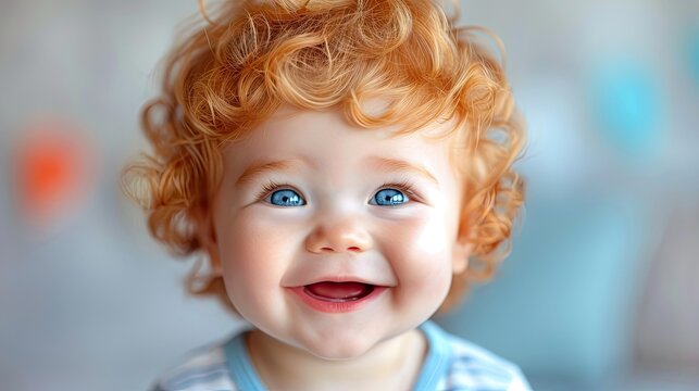 An image of a close-up shot of a cheerful infant ginger boy. Generative AI