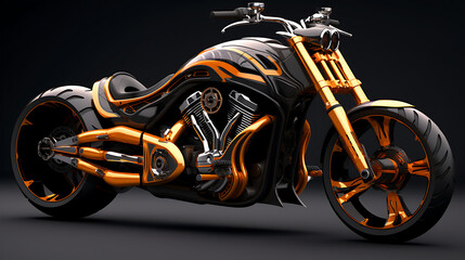 A design concept for a custom chopper motorcycle.