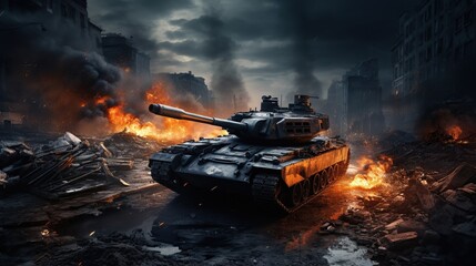 Tanks on battlefield, war machines in the conflict zone with fire and smoke clouds. 3d illustration.