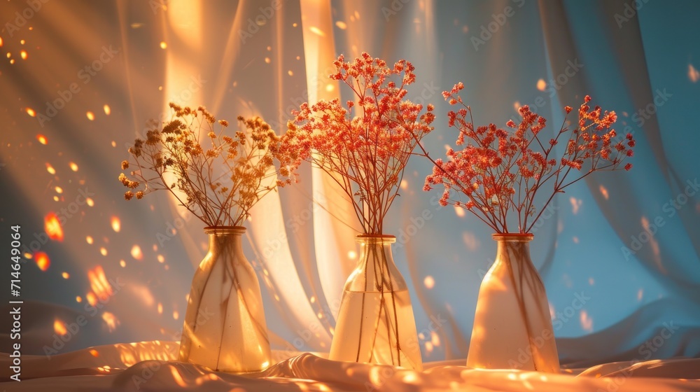 Poster three vases that have flowers in them on a table with a curtain in the background and light coming f