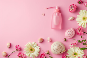 Obraz na płótnie Canvas Snail slime natural cosmetic, vial and cream jars, plants on pink background with flowers, still life, copy space, top view
