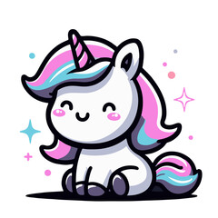 Cute unicorn sitting and smiling, vector illustration