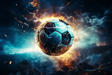 soccer ball with flames and lightning flying on night sky, dark blue background - obrazy, fototapety, plakaty