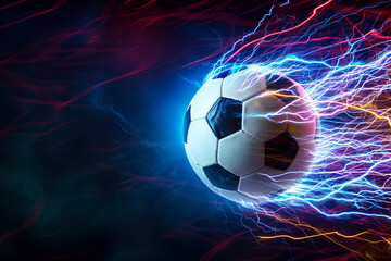 Fototapeta premium soccer ball with flames and lightning flying on night sky, dark blue background