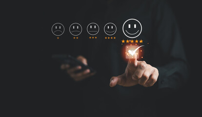 Satisfaction reviewer, evaluation, survey customer concept. Businessman choose Happy and Smile checkbox choice with 5 star rating. Good feedback, good mood, Excellent expression, take care health