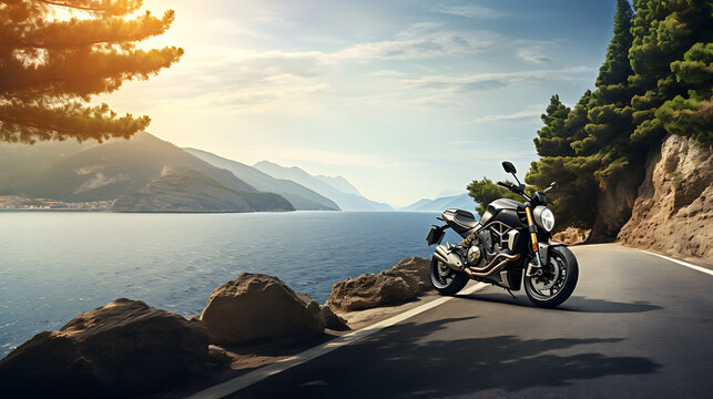 A photo-realistic image of a motorcycle on a scenic coastal road.
