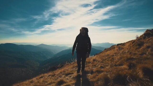 Man Walking to the Mountains on the sunny Background